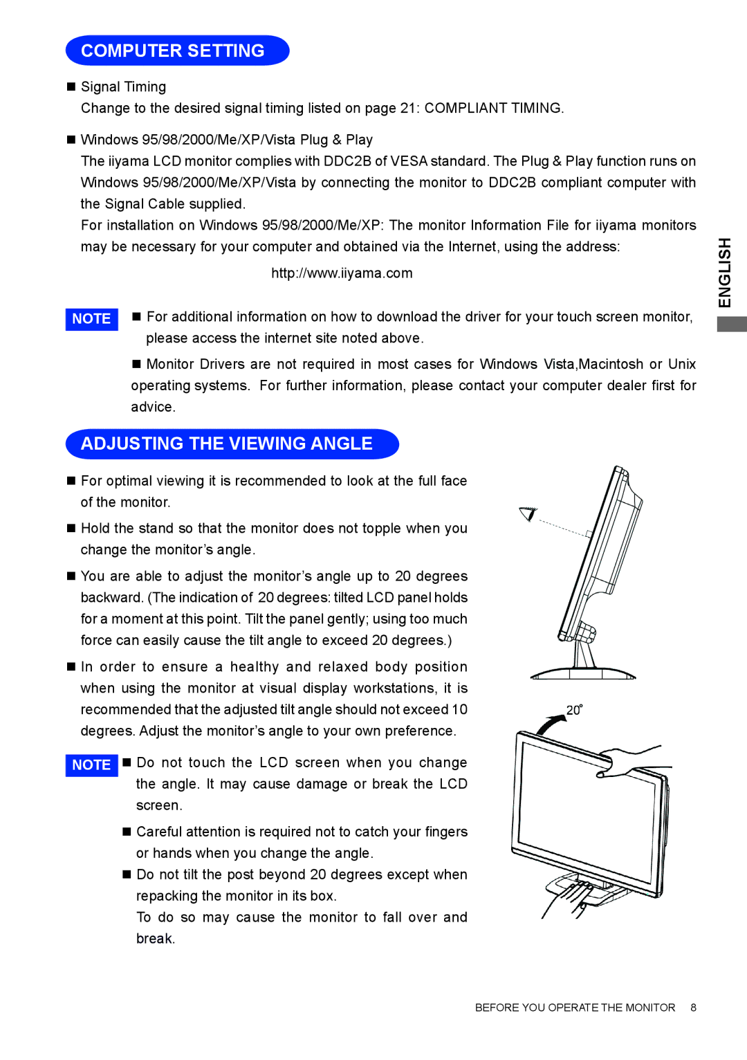 Iiyama E2207WSV user manual Computer Setting, Adjusting the Viewing Angle 