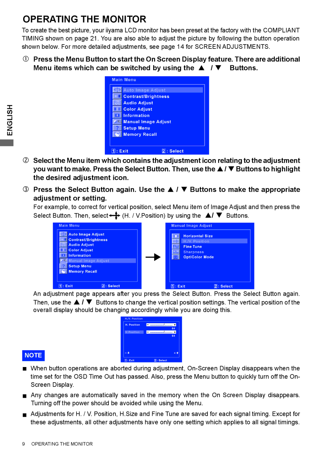 Iiyama E2207WSV user manual Operating the Monitor, Adjusting 