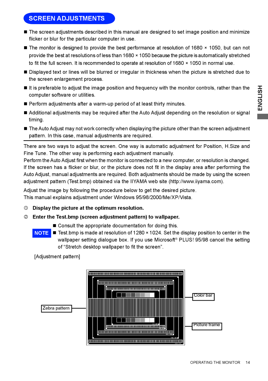 Iiyama E2207WSV user manual Screen Adjustments 