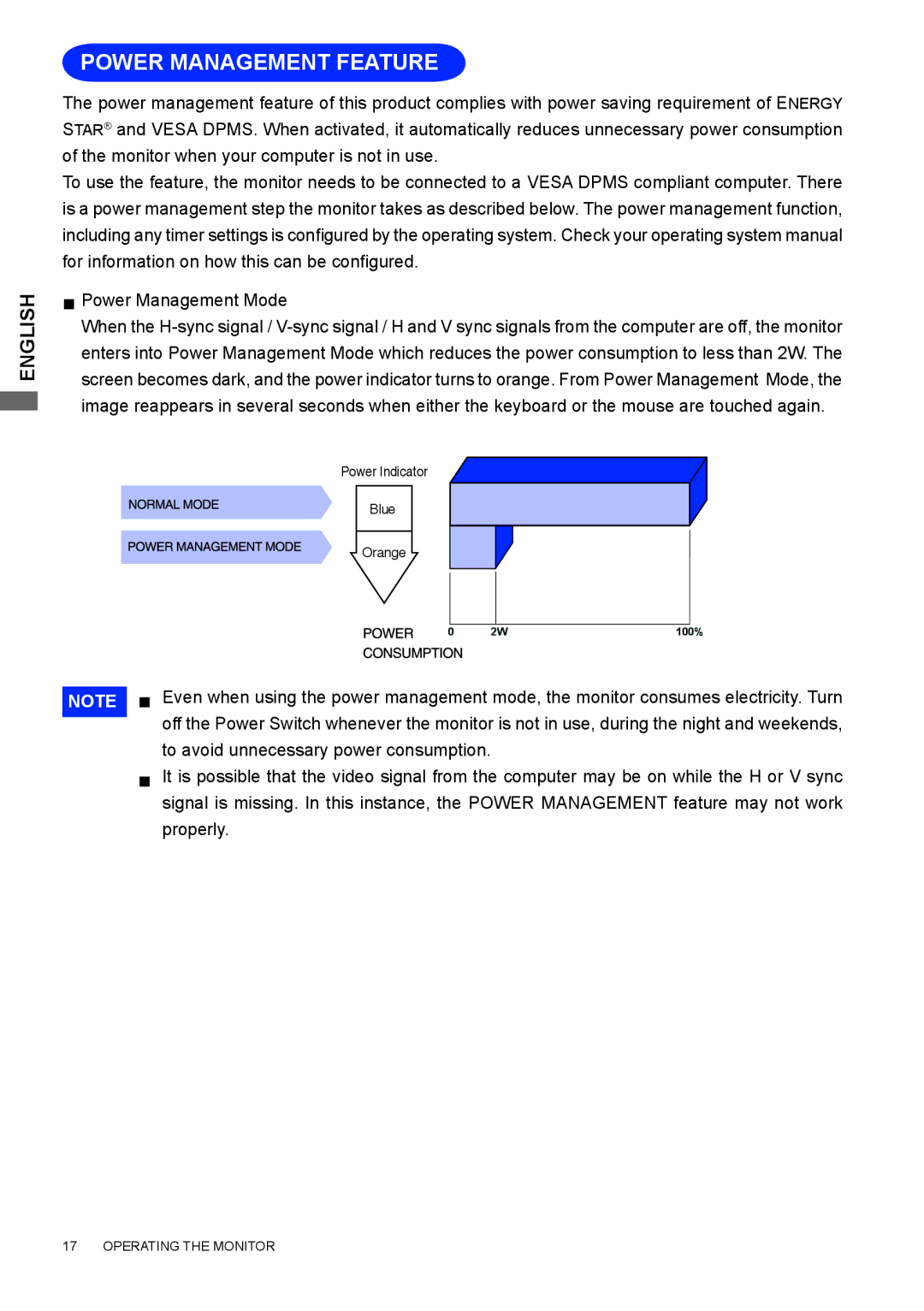 Iiyama E2207WSV user manual Power Management Feature 