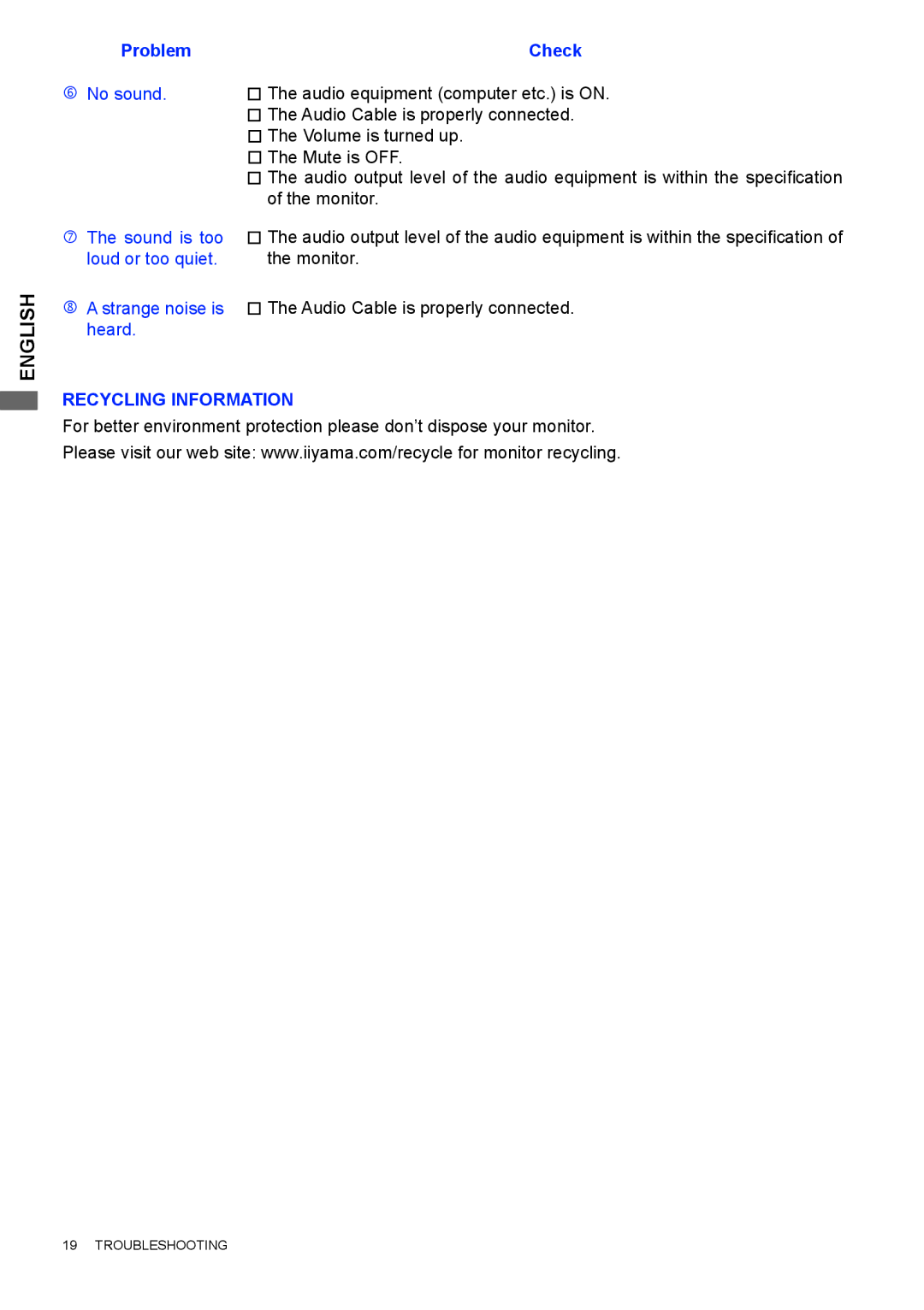 Iiyama E2207WSV user manual Recycling Information 