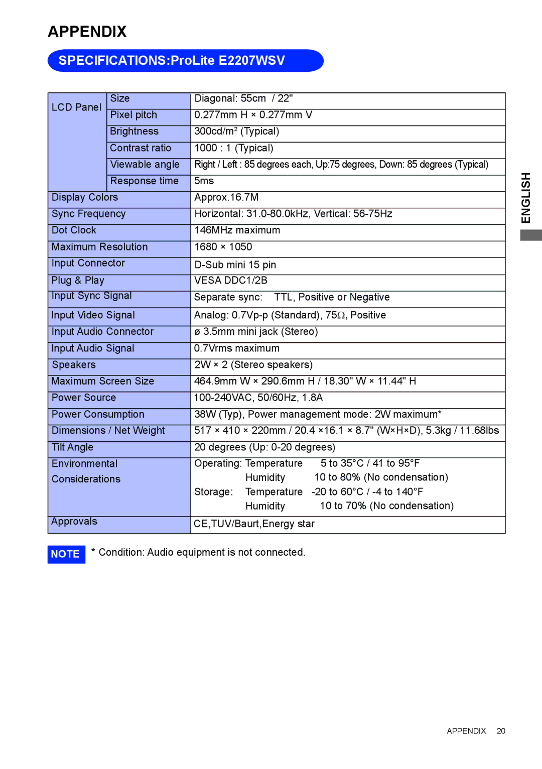 Iiyama user manual Appendix, SPECIFICATIONSProLite E2207WSV 