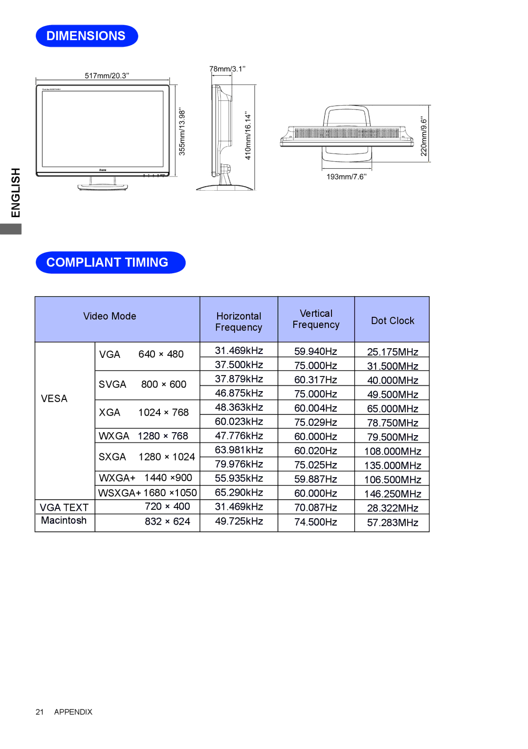 Iiyama E2207WSV user manual Dimensions, Compliant Timing 