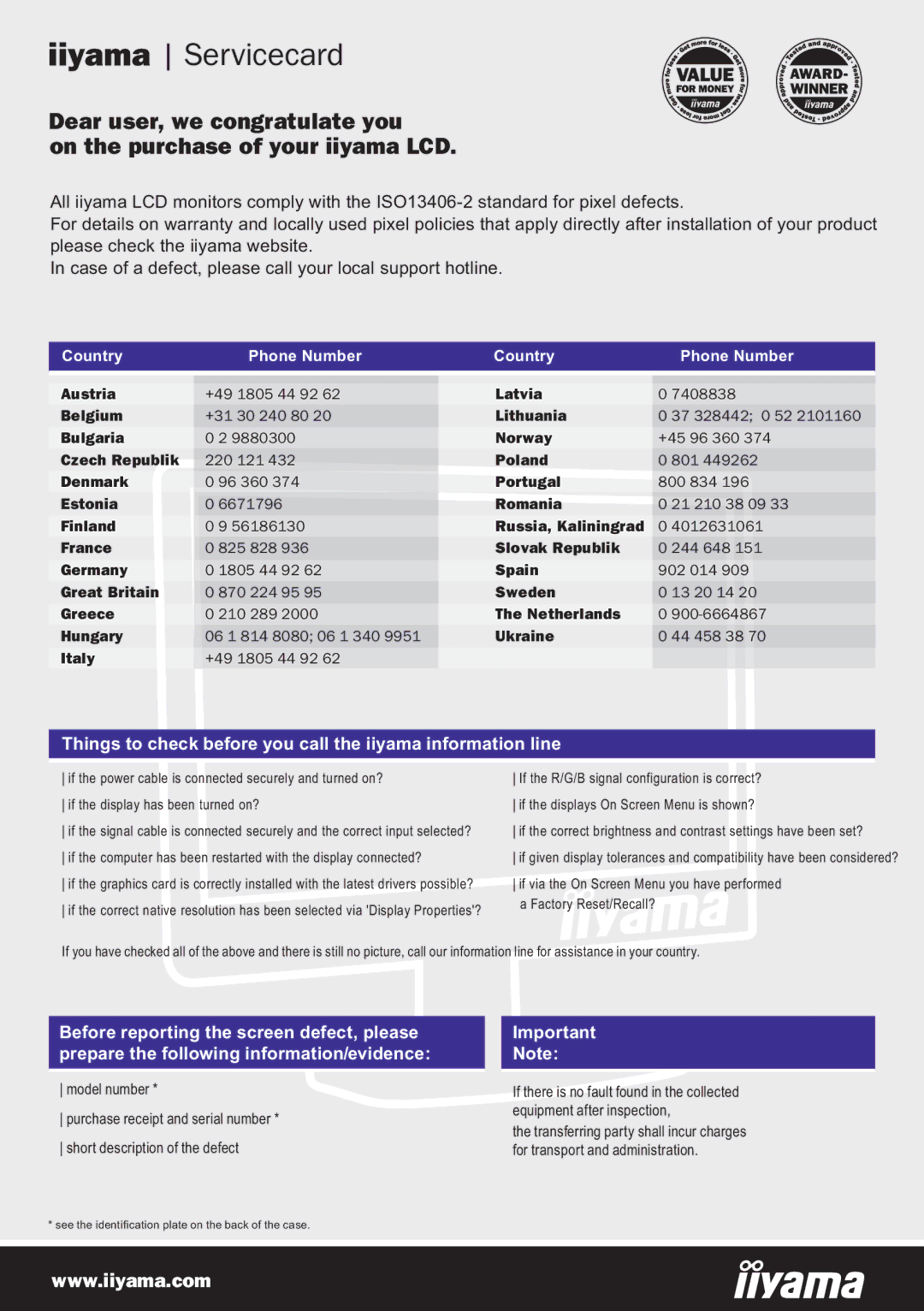 Iiyama E2207WSV user manual Iiyama Servicecard 