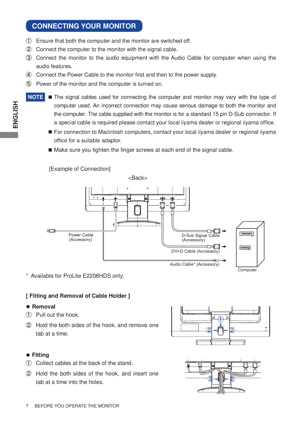 Iiyama E2208HDD, E2208HDS user manual Connecting Your Monitor,  Fitting 