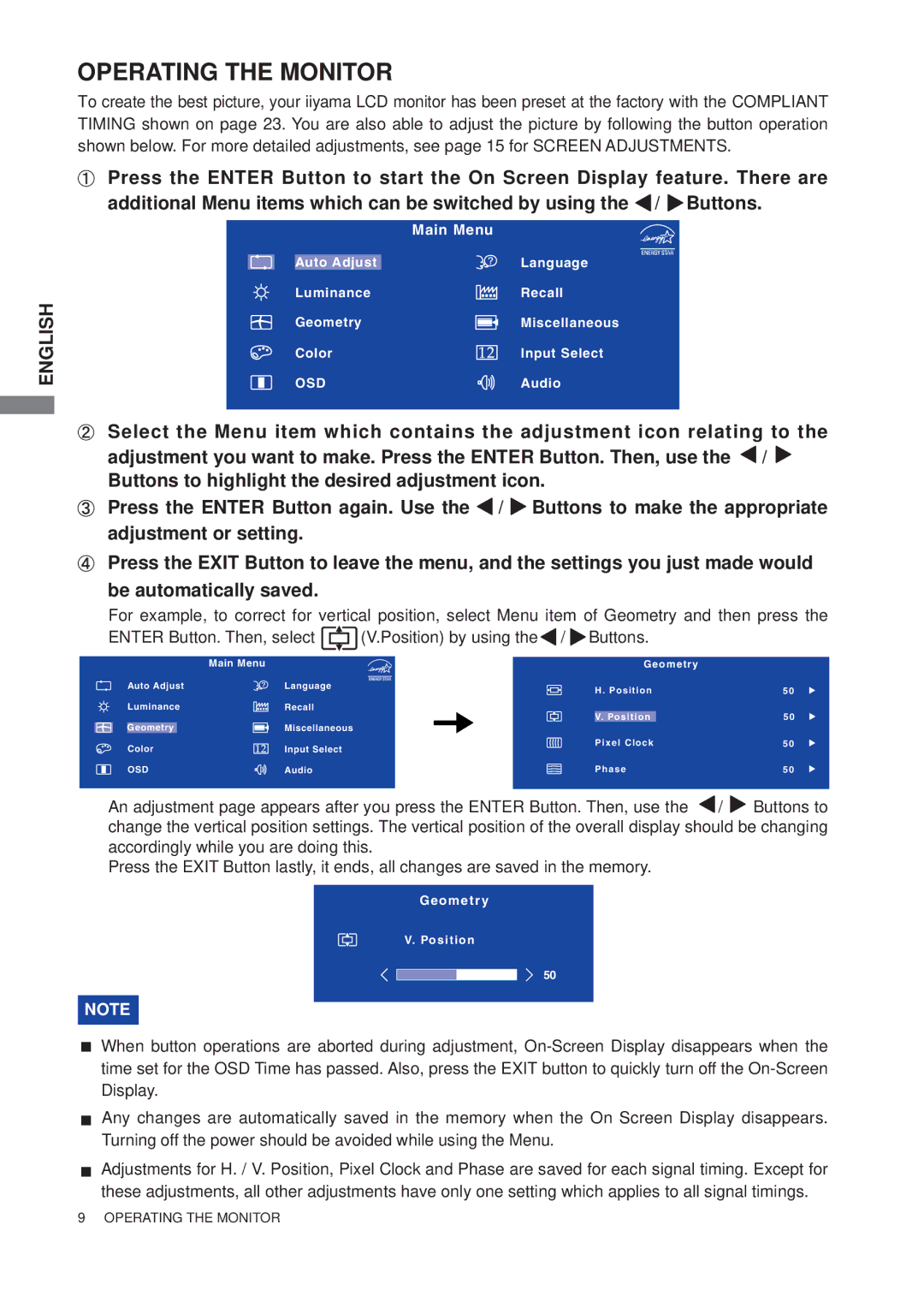 Iiyama E2208HDD, E2208HDS user manual Operating the Monitor 