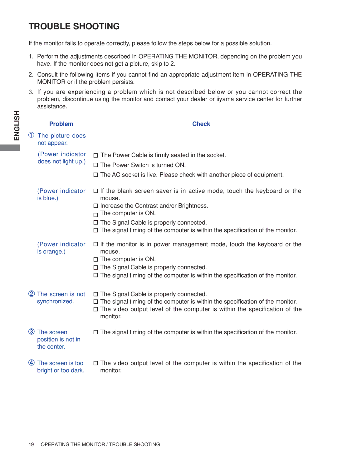 Iiyama E2208HDD, E2208HDS user manual Trouble Shooting, Problem Check 