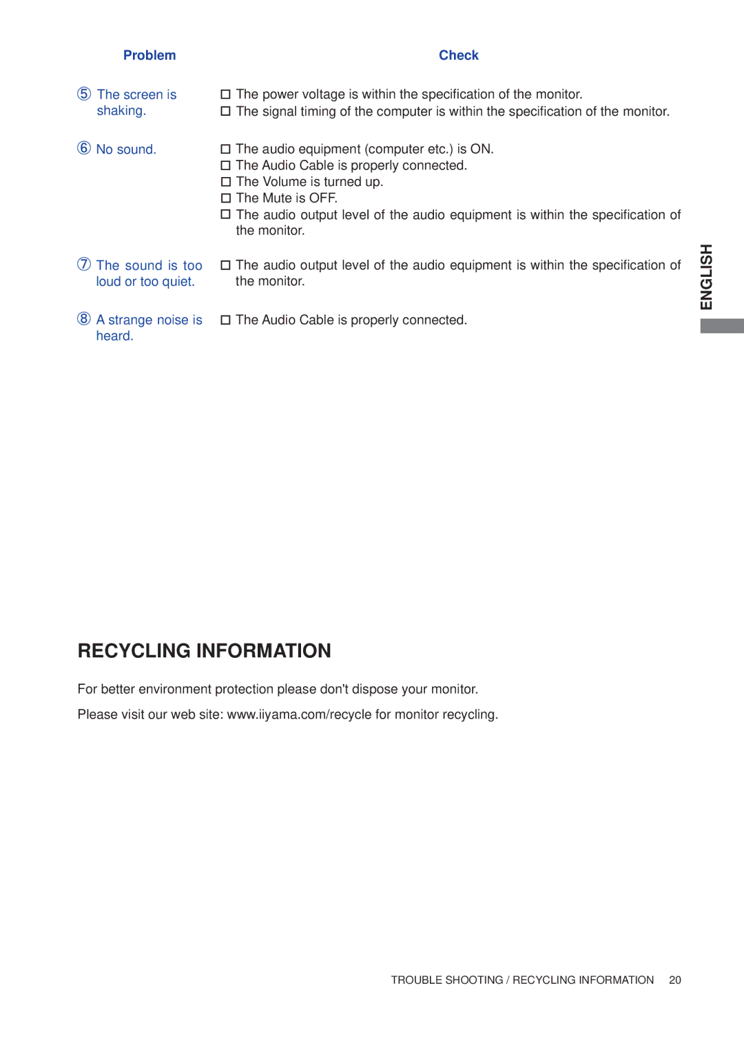 Iiyama E2208HDS, E2208HDD user manual Recycling Information, Shaking 