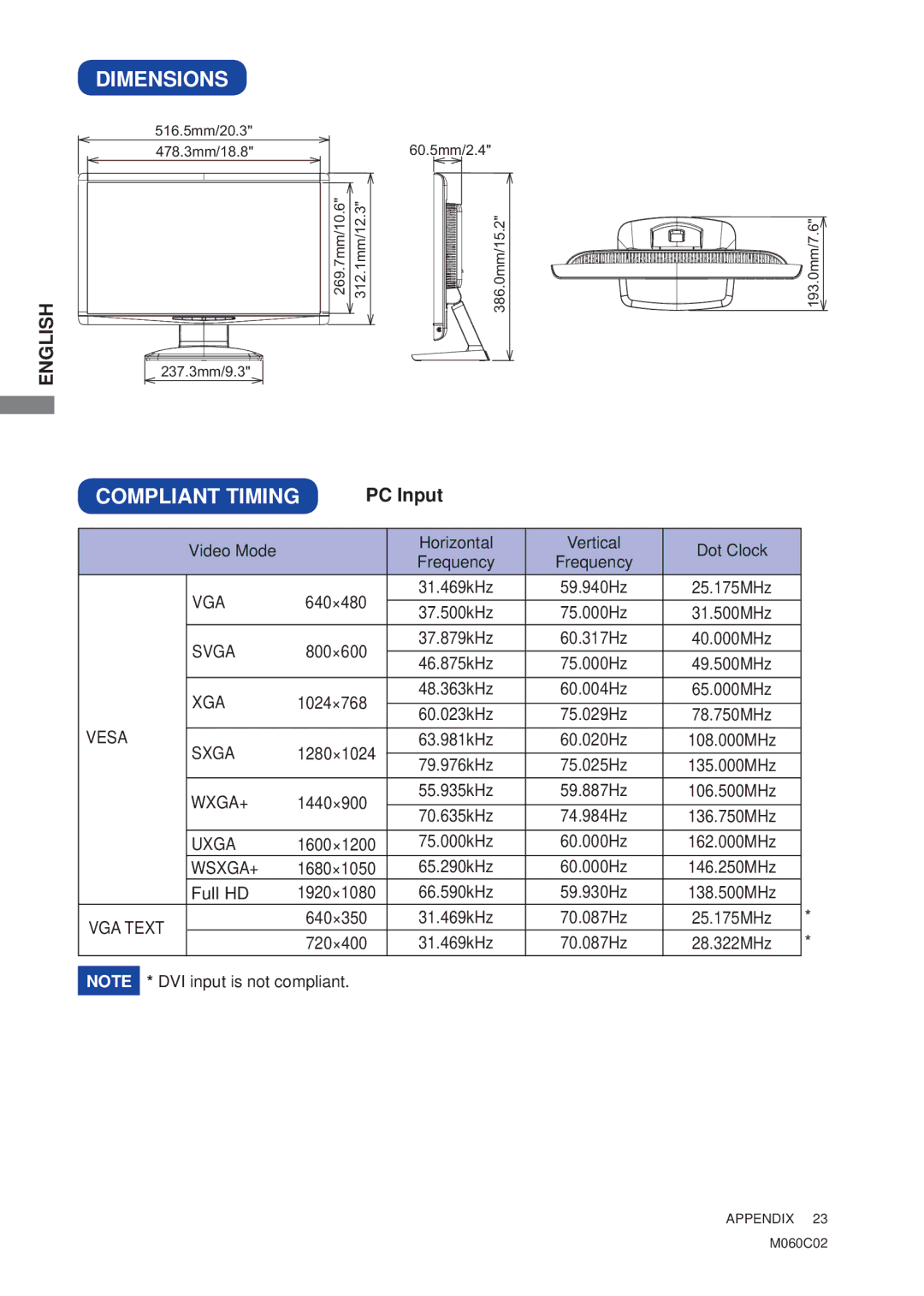 Iiyama E2208HDD, E2208HDS user manual Dimensions, Compliant Timing, PC Input 