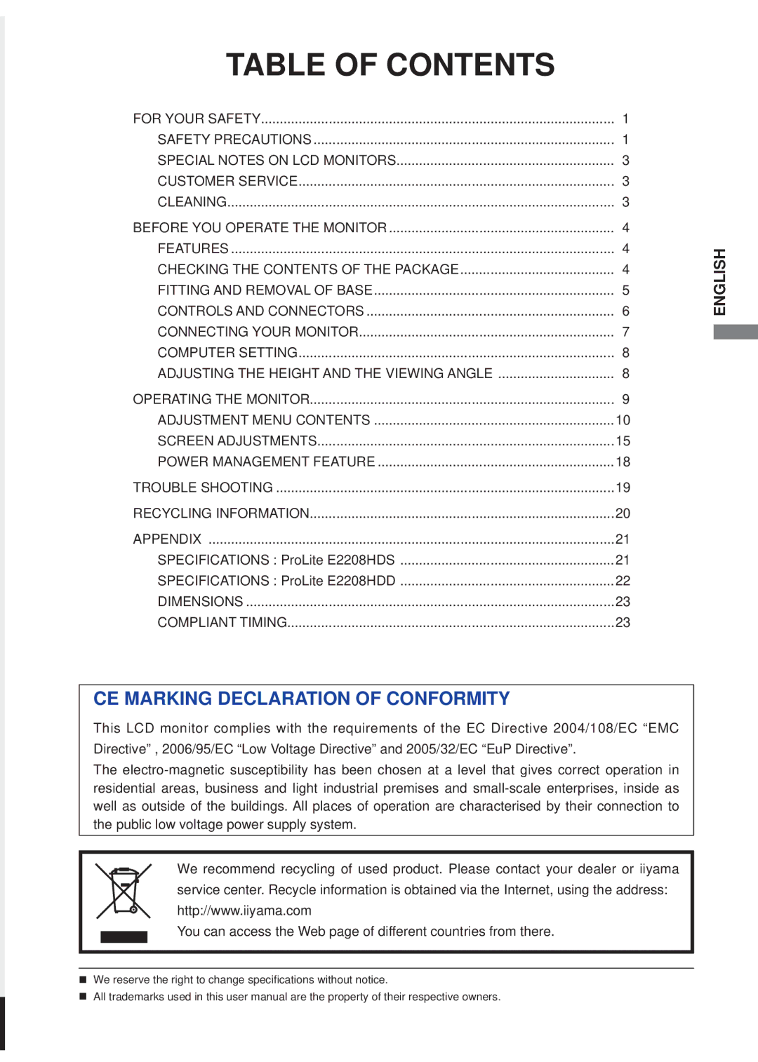 Iiyama E2208HDS, E2208HDD user manual Table of Contents 