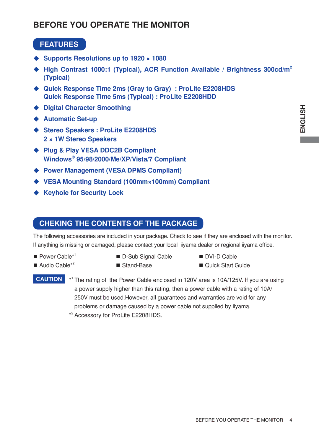 Iiyama E2208HDS, E2208HDD user manual Before YOU Operate the Monitor, Features, Cheking the Contents of the Package 