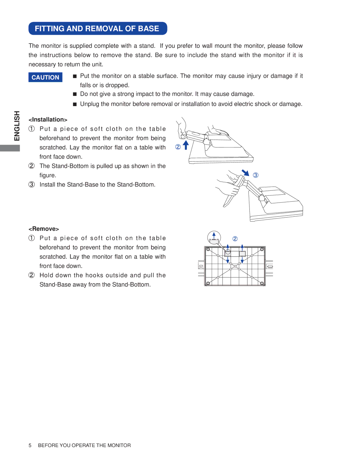 Iiyama E2208HDD, E2208HDS user manual Fitting and Removal of Base, Installation 