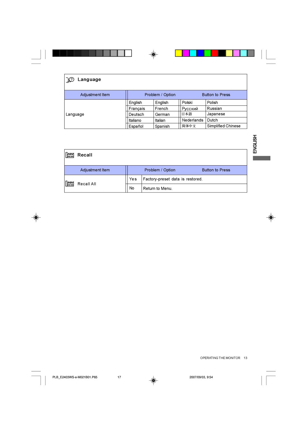 Iiyama B2403WS, E2403WS user manual Language, Recall 