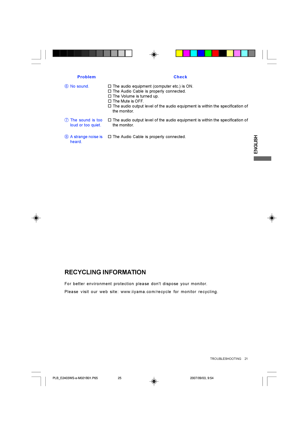 Iiyama B2403WS, E2403WS user manual Recycling Information 