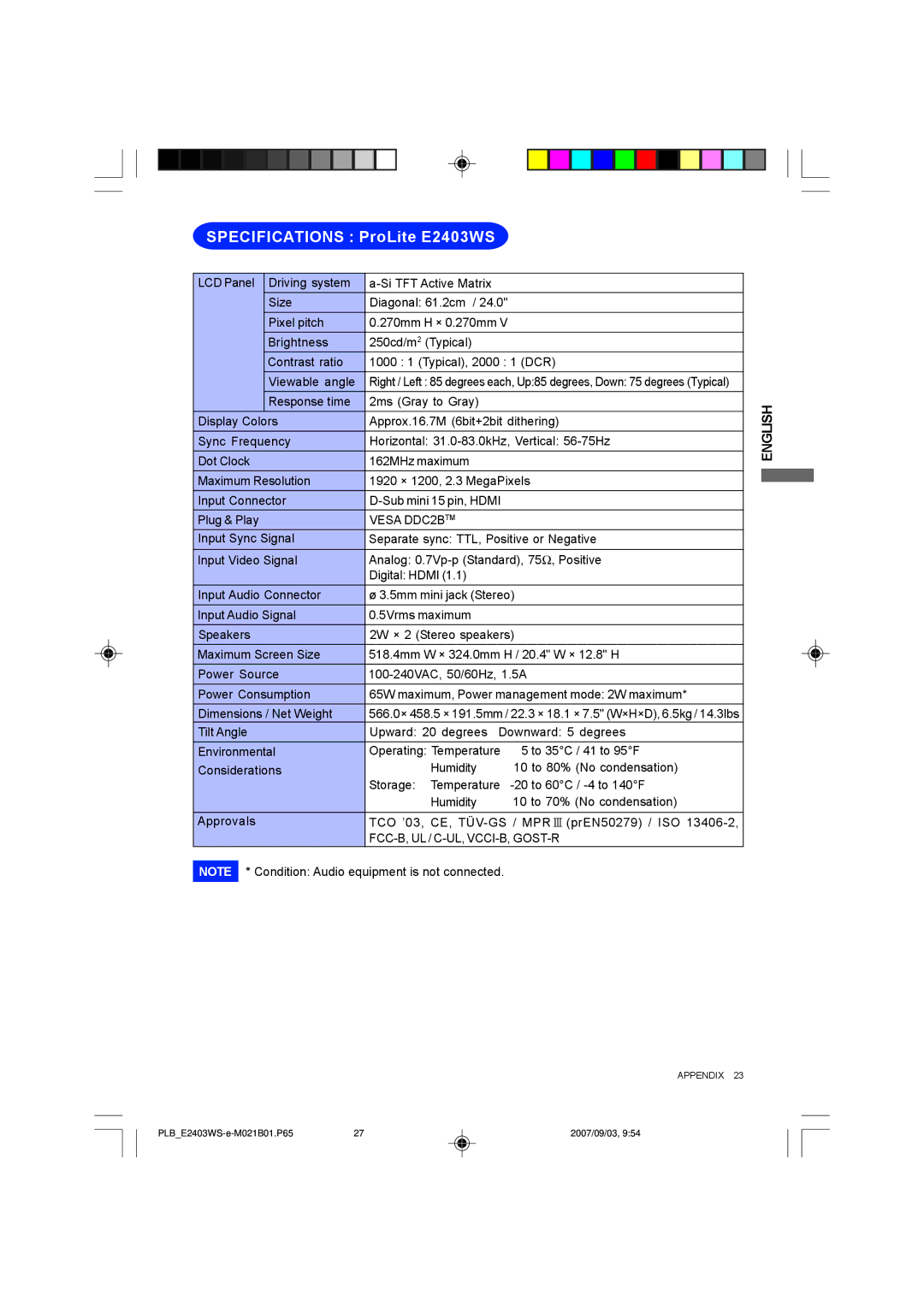 Iiyama B2403WS user manual Specifications ProLite E2403WS 