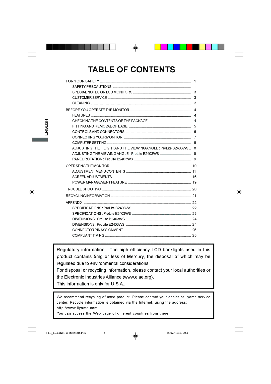 Iiyama E2403WS, B2403WS user manual Table of Contents 