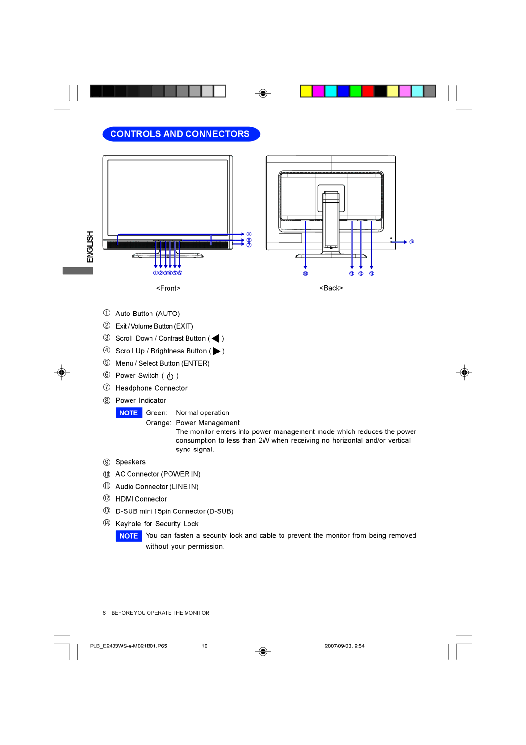 Iiyama E2403WS, B2403WS user manual Controls and Connectors 