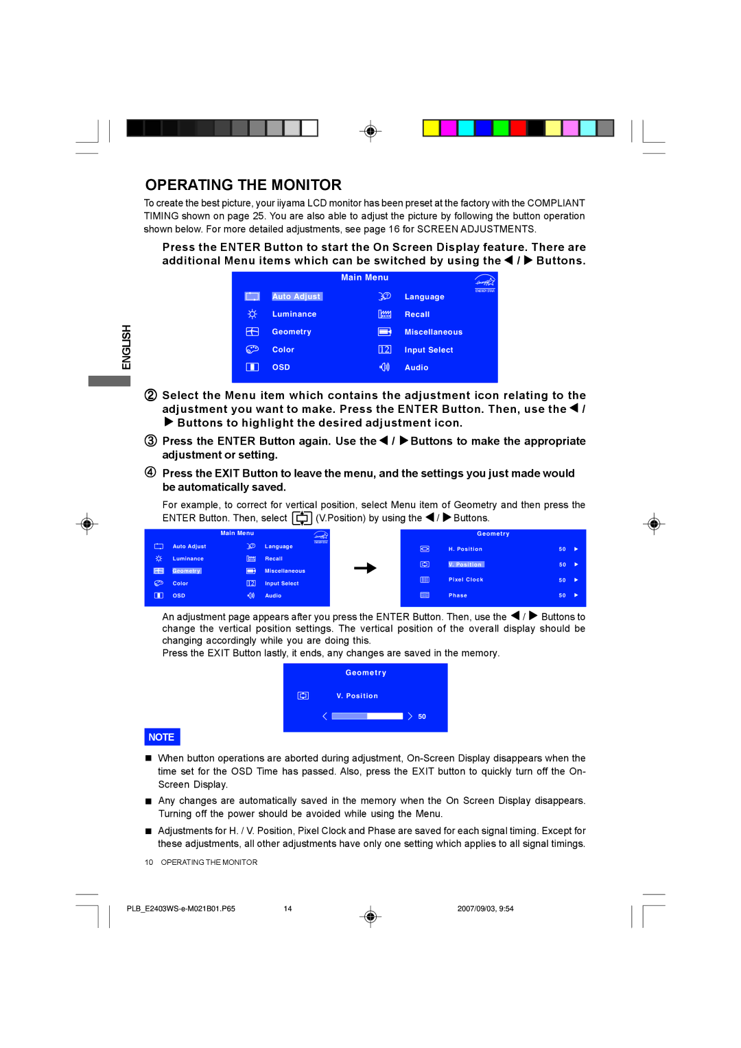 Iiyama E2403WS, B2403WS user manual Operating the Monitor 