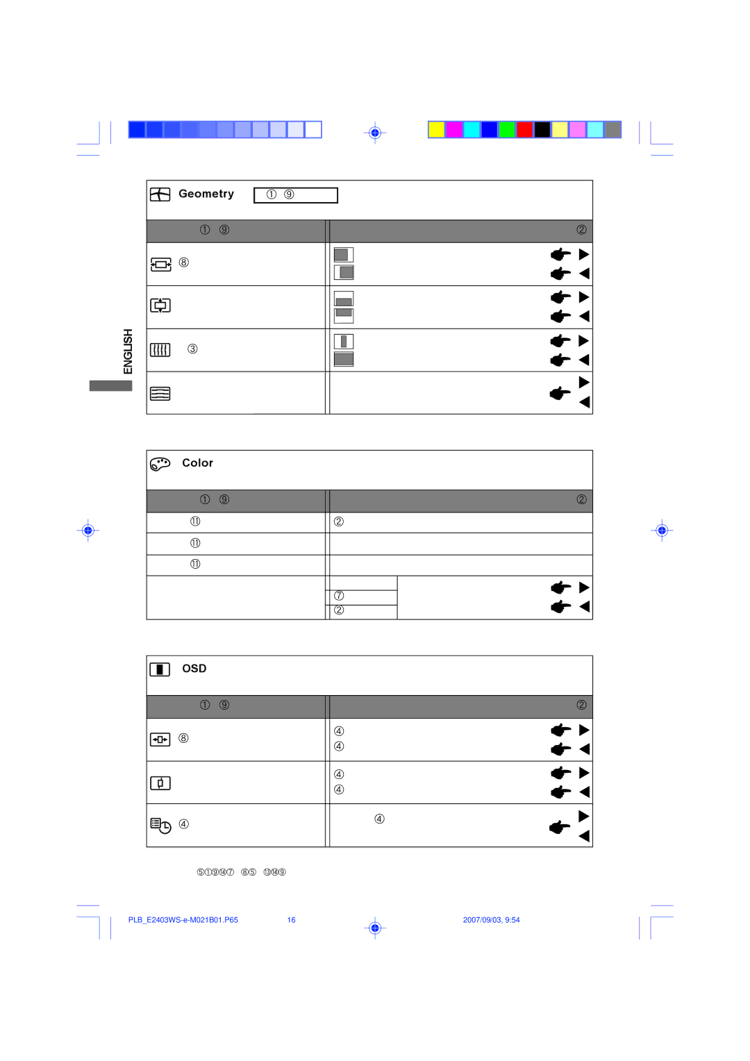 Iiyama E2403WS, B2403WS user manual Geometry, Color 