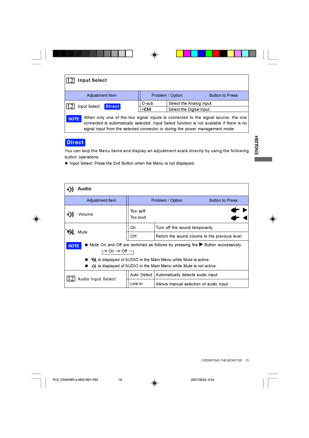 Iiyama B2403WS, E2403WS user manual Input Select, Audio 