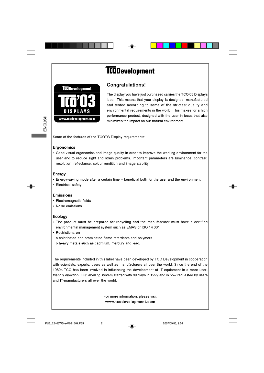 Iiyama E2403WS, B2403WS user manual Ergonomics, Energy, Emissions, Ecology 