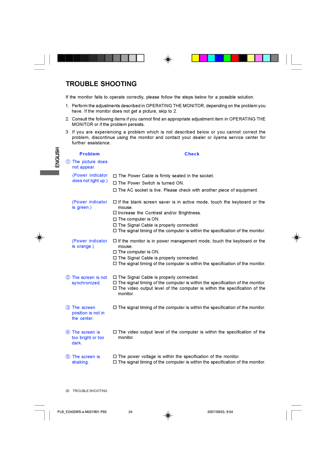 Iiyama E2403WS, B2403WS user manual Trouble Shooting, Problem Check 