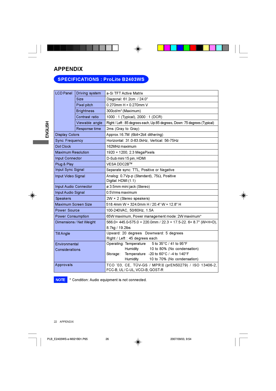 Iiyama E2403WS user manual Appendix, Specifications ProLite B2403WS 