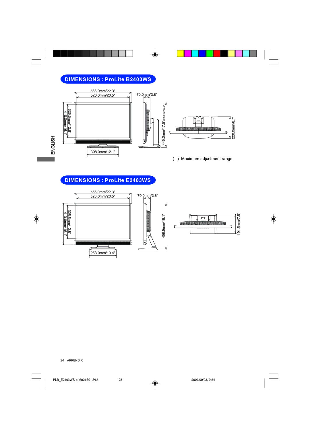 Iiyama user manual Dimensions ProLite B2403WS, Dimensions ProLite E2403WS 