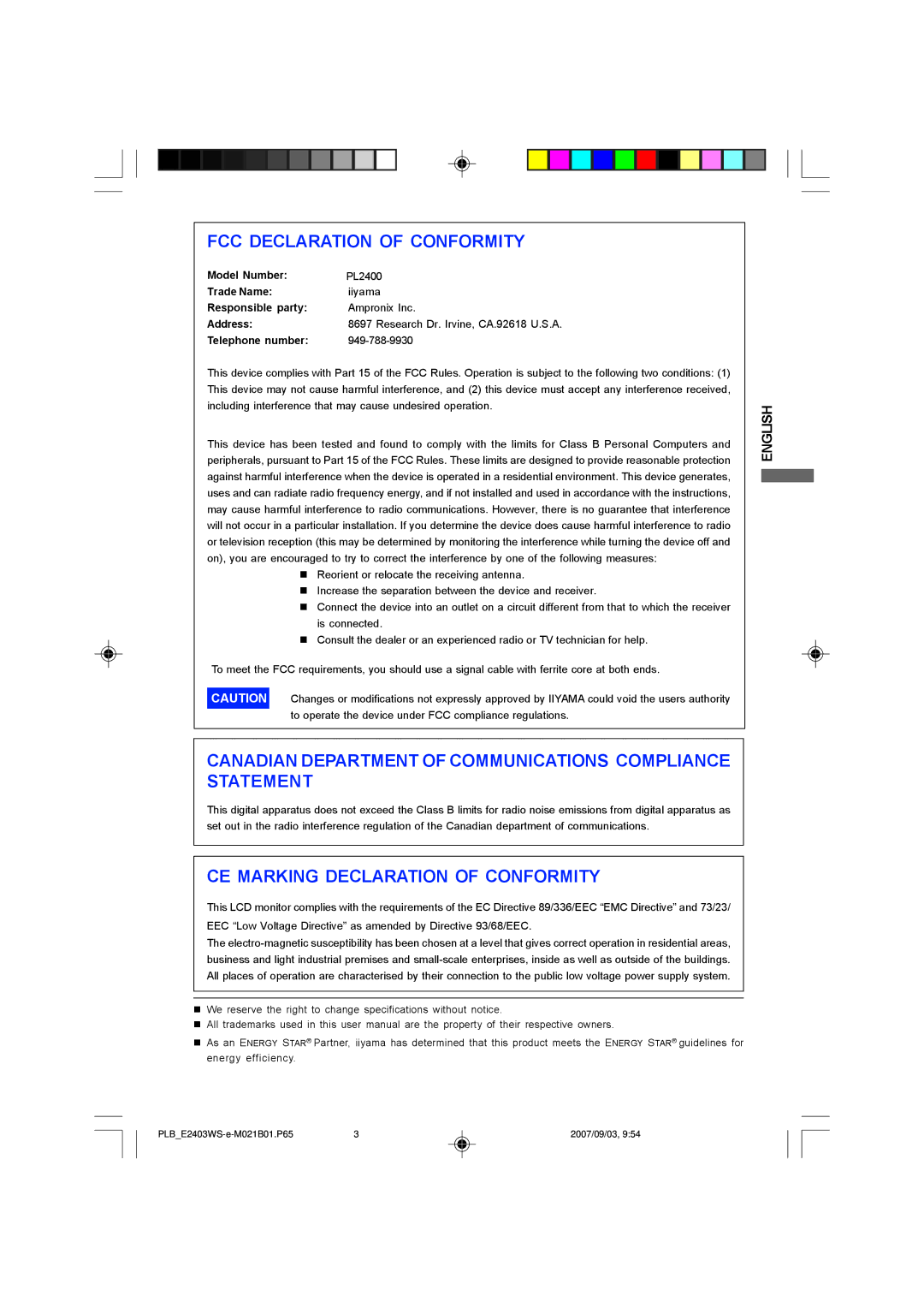 Iiyama B2403WS, E2403WS user manual FCC Declaration of Conformity 