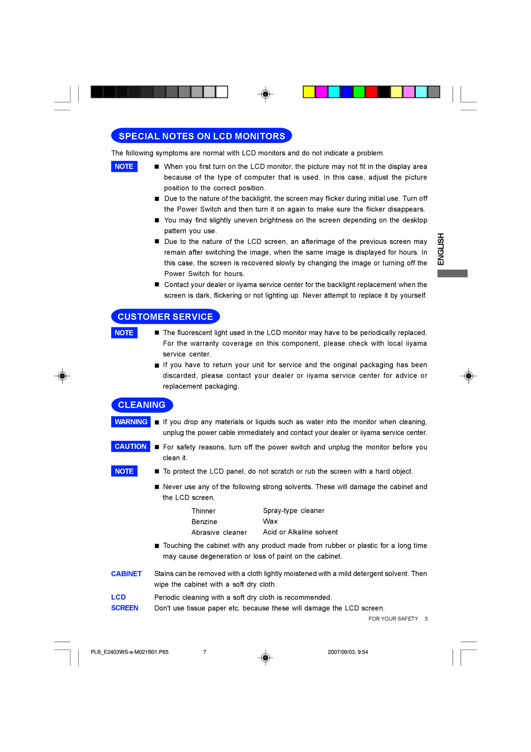 Iiyama B2403WS, E2403WS user manual Special Notes on LCD Monitors, Customer Service, Cleaning 