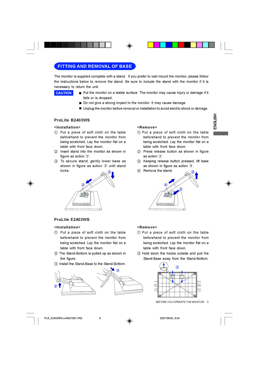 Iiyama user manual Fitting and Removal of Base, ProLite B2403WS, ProLite E2403WS 