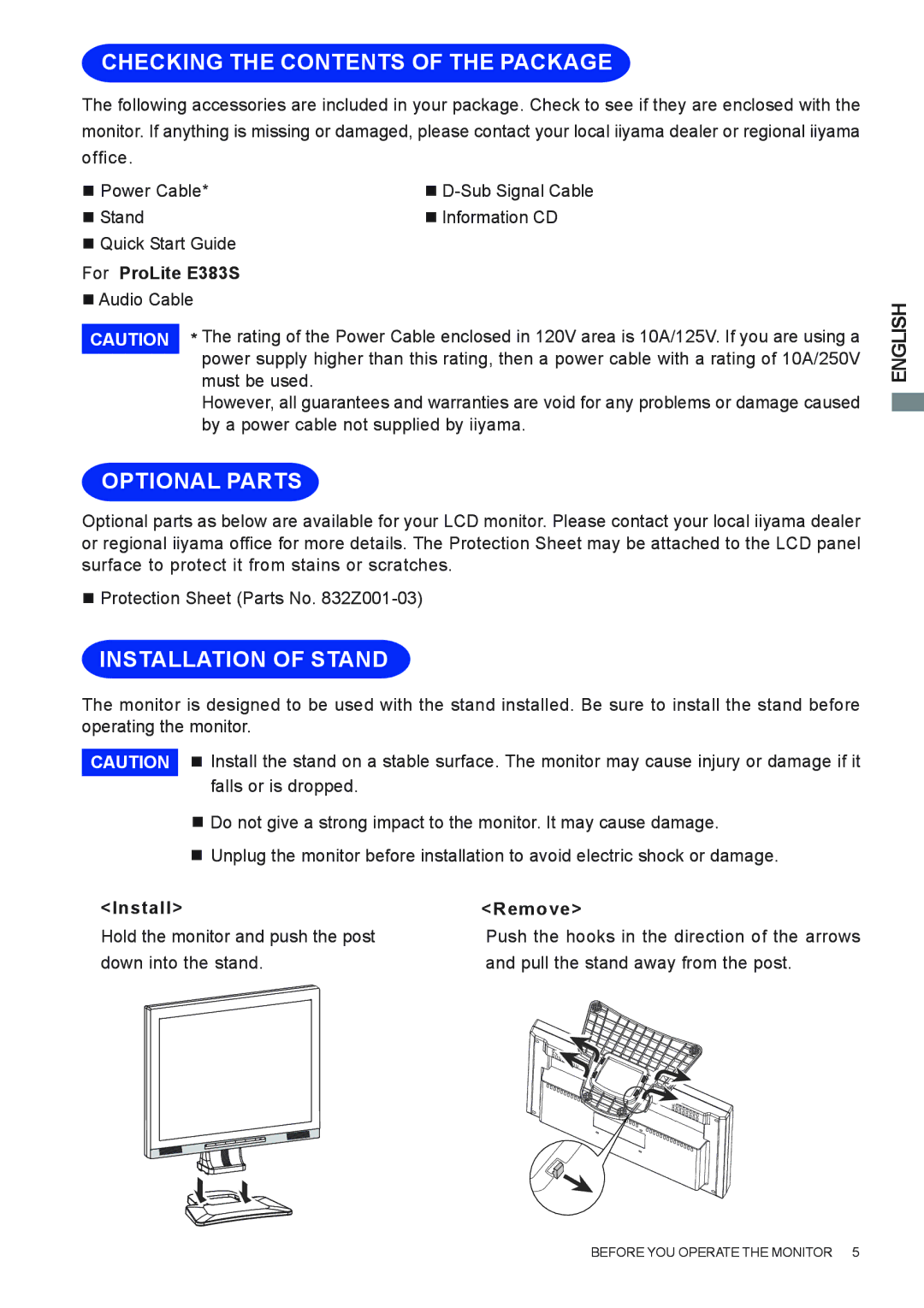 Iiyama E383S user manual Checking the Contents of the Package, Optional Parts, Installation of Stand 