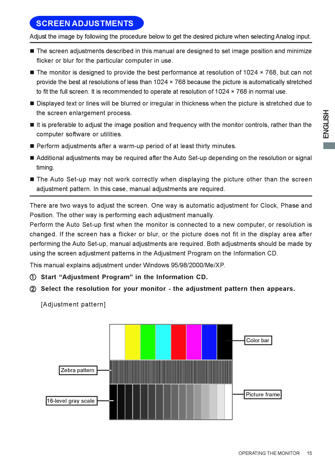 Iiyama E383S user manual Screen Adjustments 