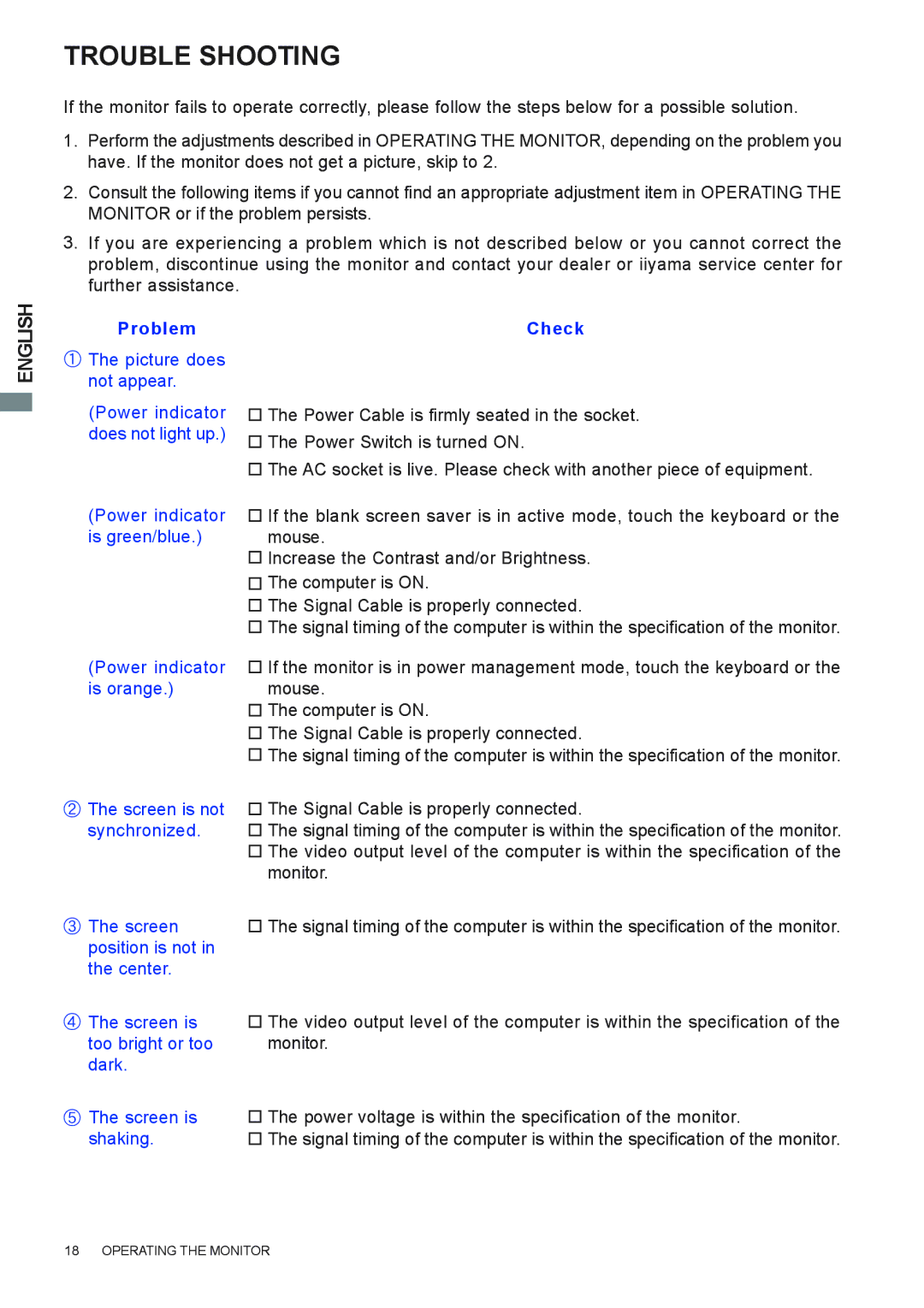 Iiyama E383S user manual Trouble Shooting, Problem Check 