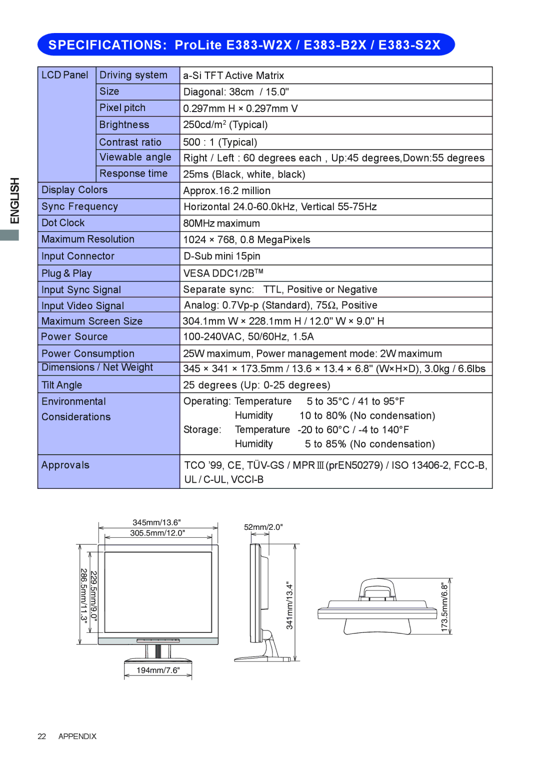 Iiyama E383S user manual Specifications ProLite E383-W2X / E383-B2X / E383-S2X 