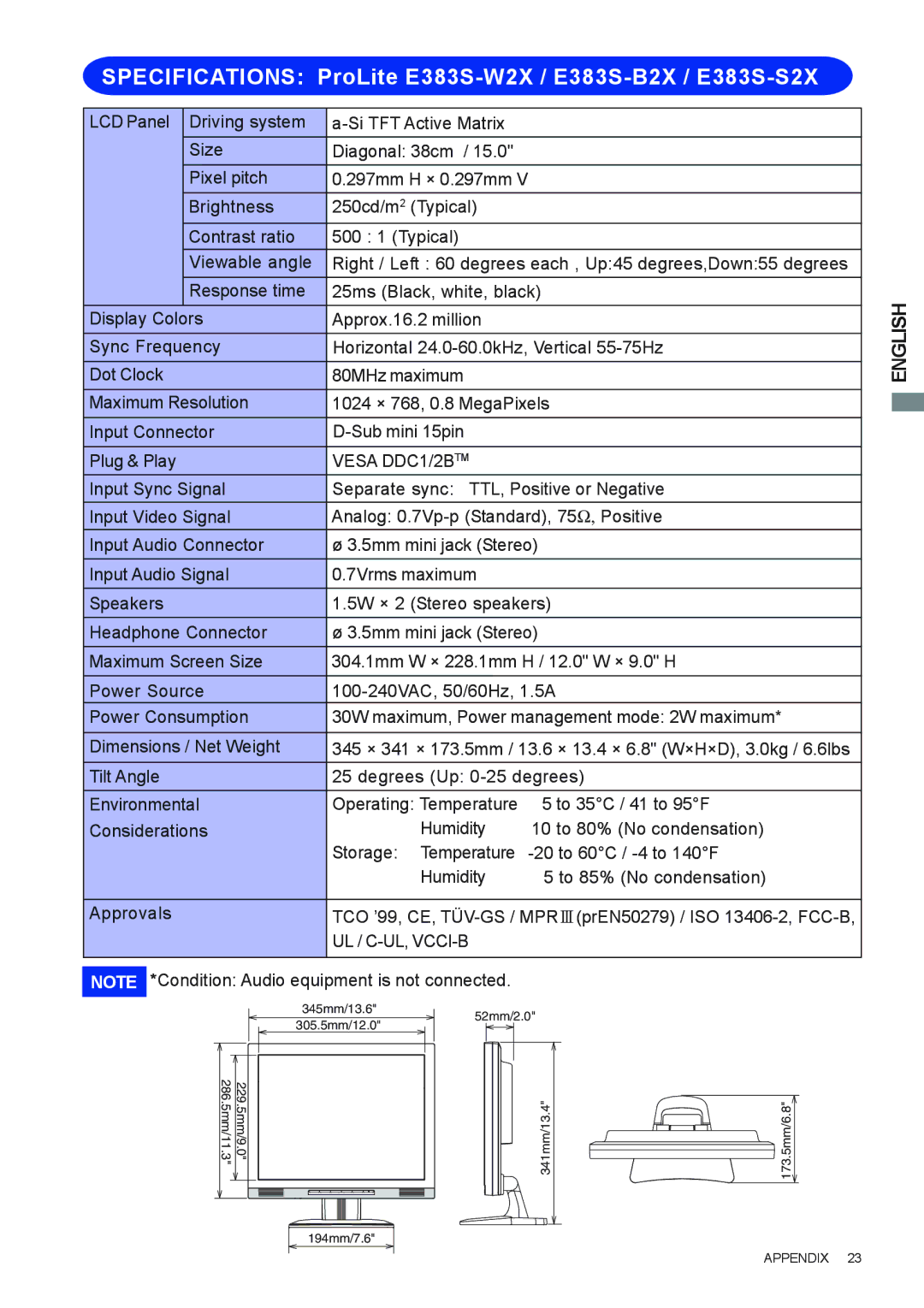 Iiyama user manual Specifications ProLite E383S-W2X / E383S-B2X / E383S-S2X 