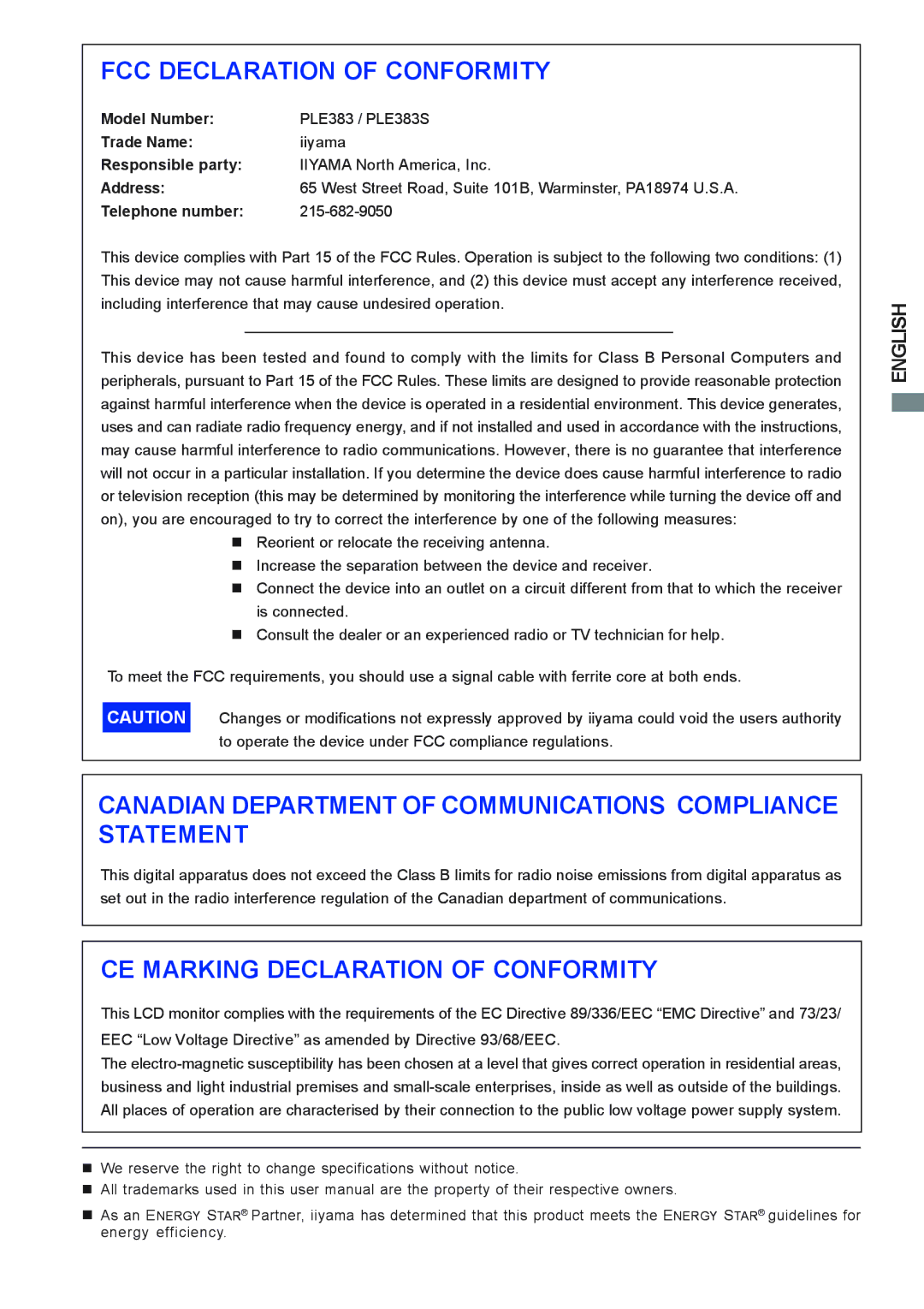 Iiyama E383S user manual FCC Declaration of Conformity 