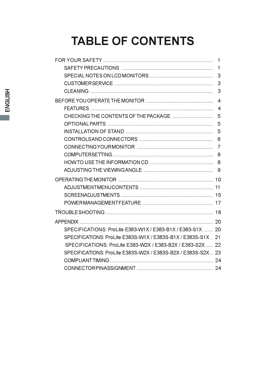 Iiyama E383S user manual Table of Contents 