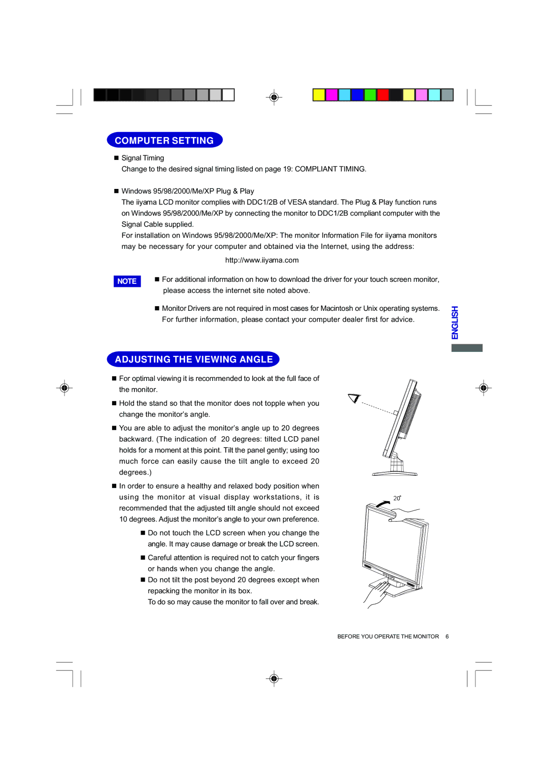 Iiyama E4835 user manual Computer Setting, Adjusting the Viewing Angle 