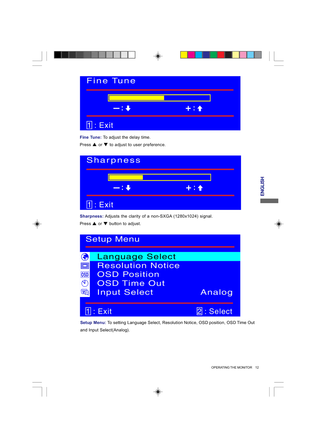 Iiyama E4835 user manual Fine Tune Exit, Setup Menu 