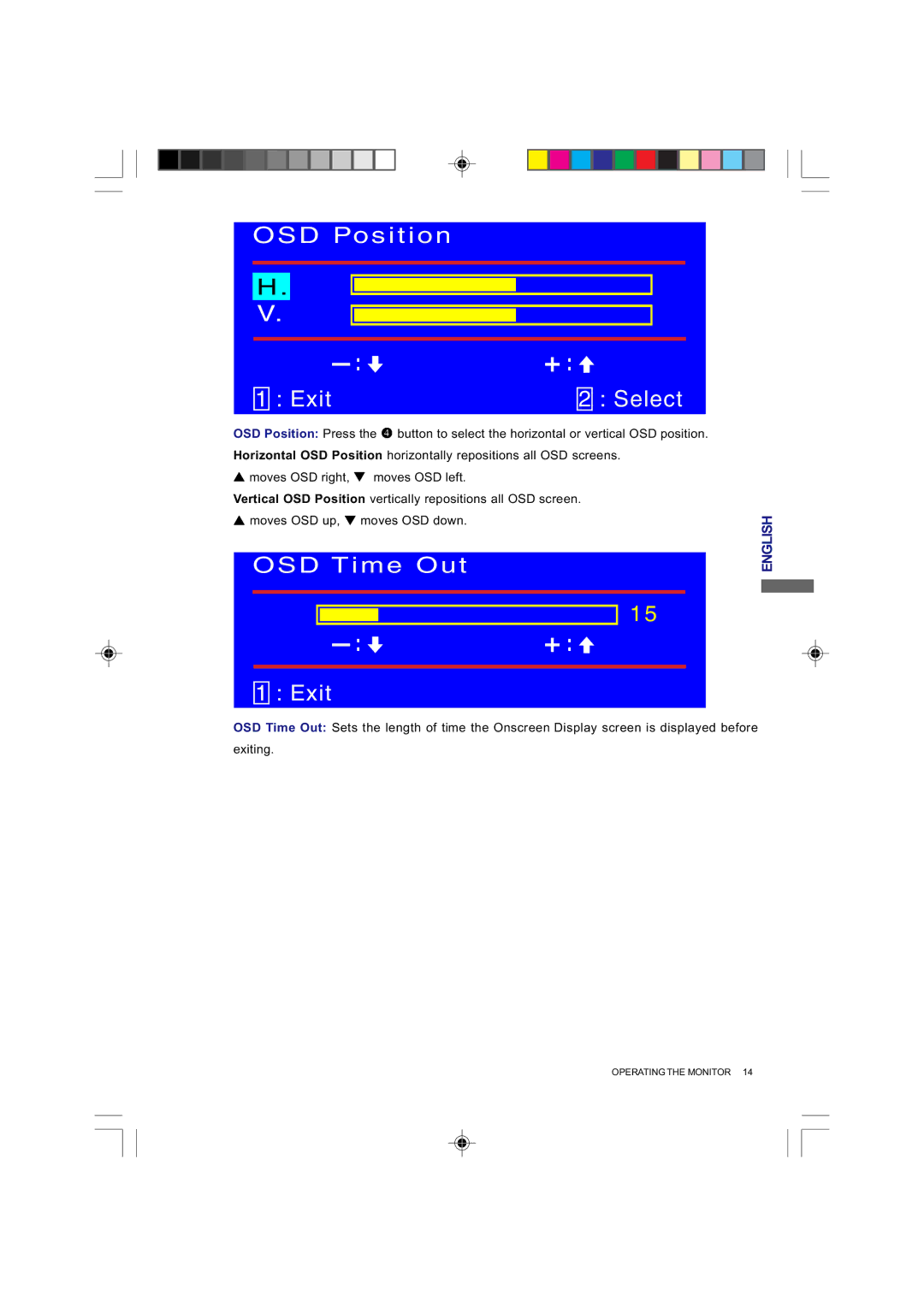 Iiyama E4835 user manual OSD Position Exit Select, OSD Time Out Exit 