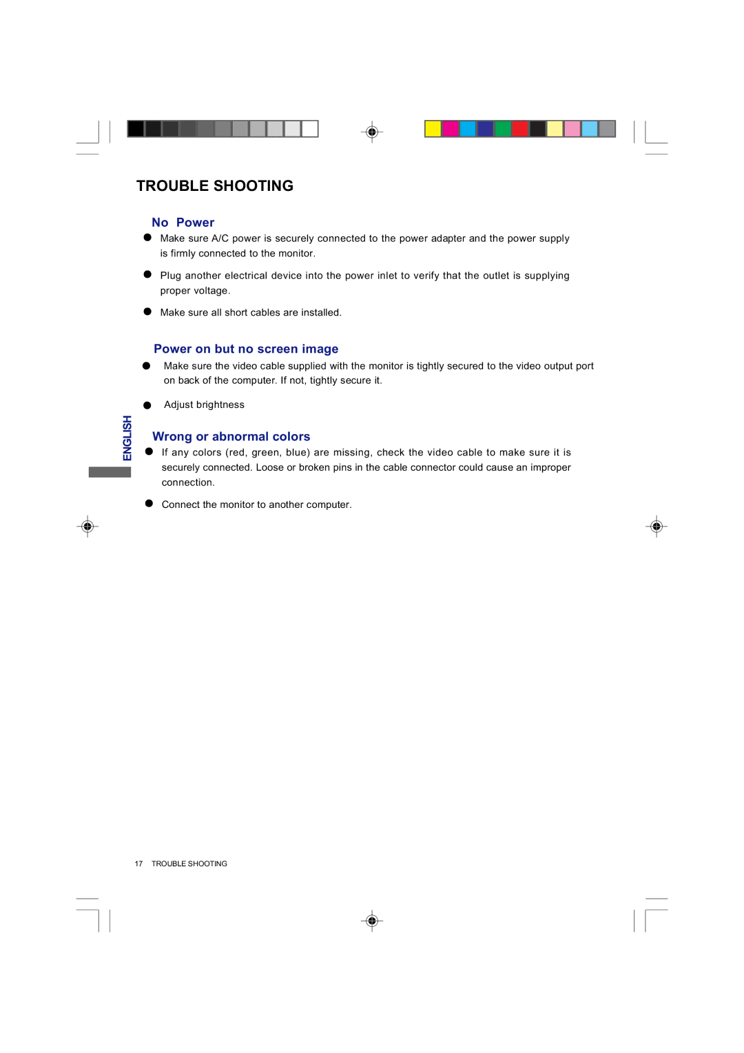 Iiyama E4835 user manual Trouble Shooting, No Power 