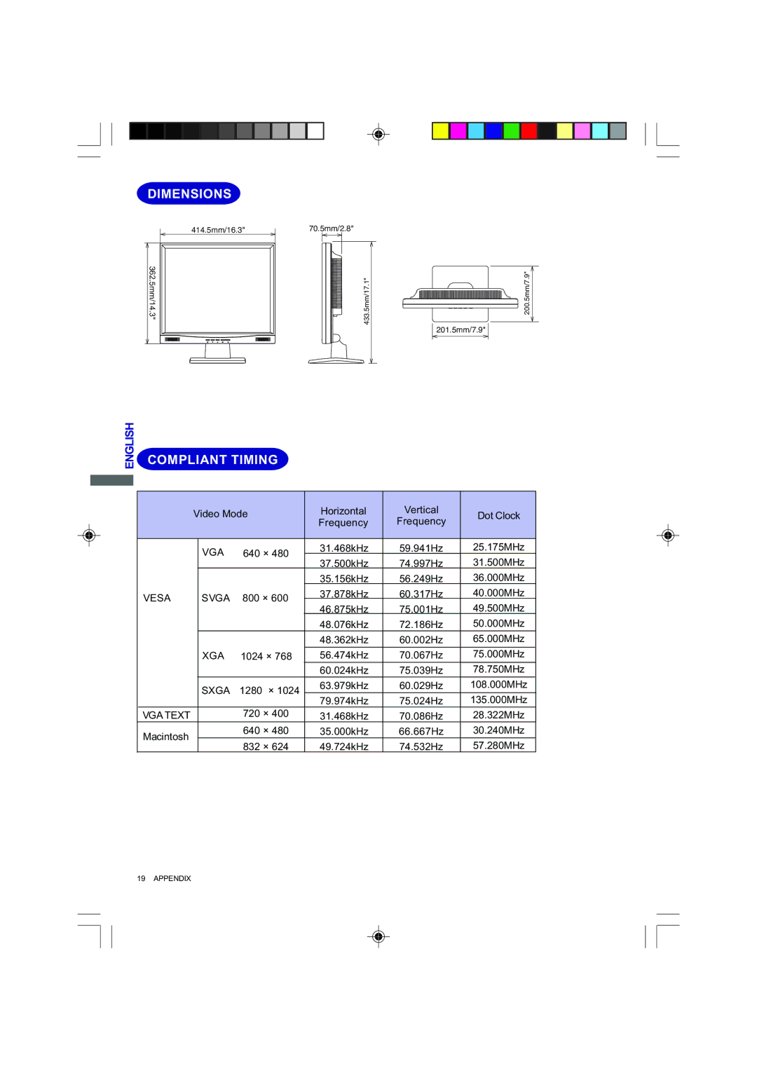 Iiyama E4835 user manual Dimensions, Compliant Timing 