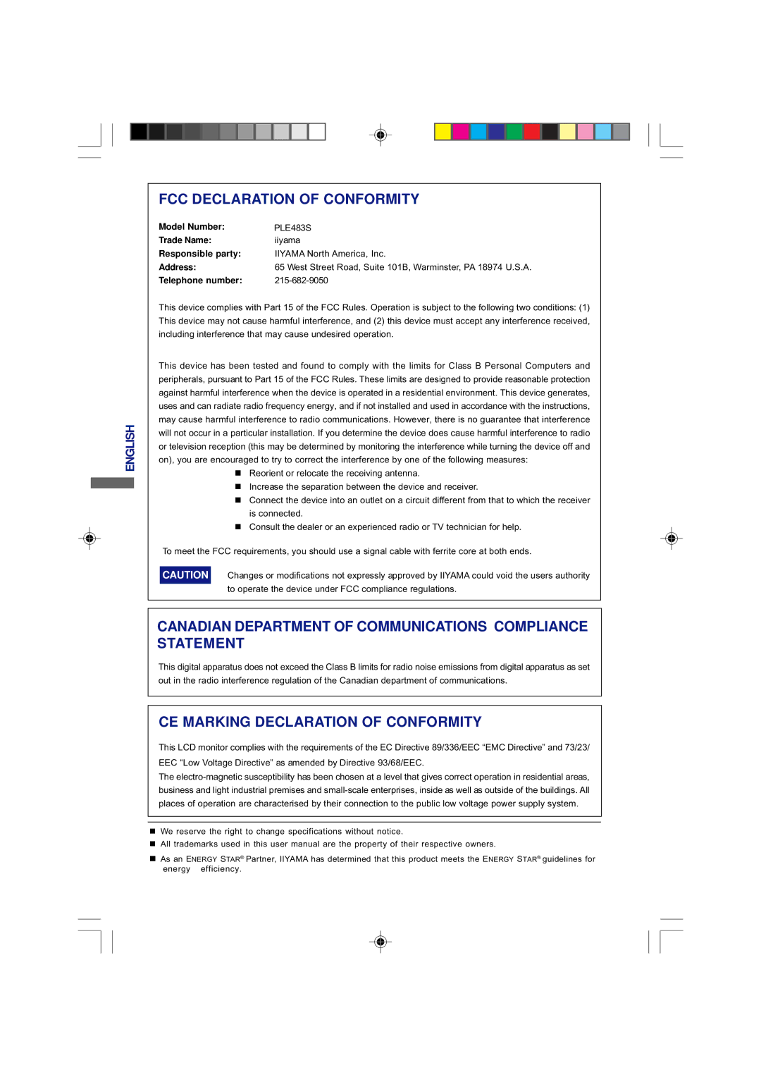 Iiyama E4835 user manual FCC Declaration of Conformity 