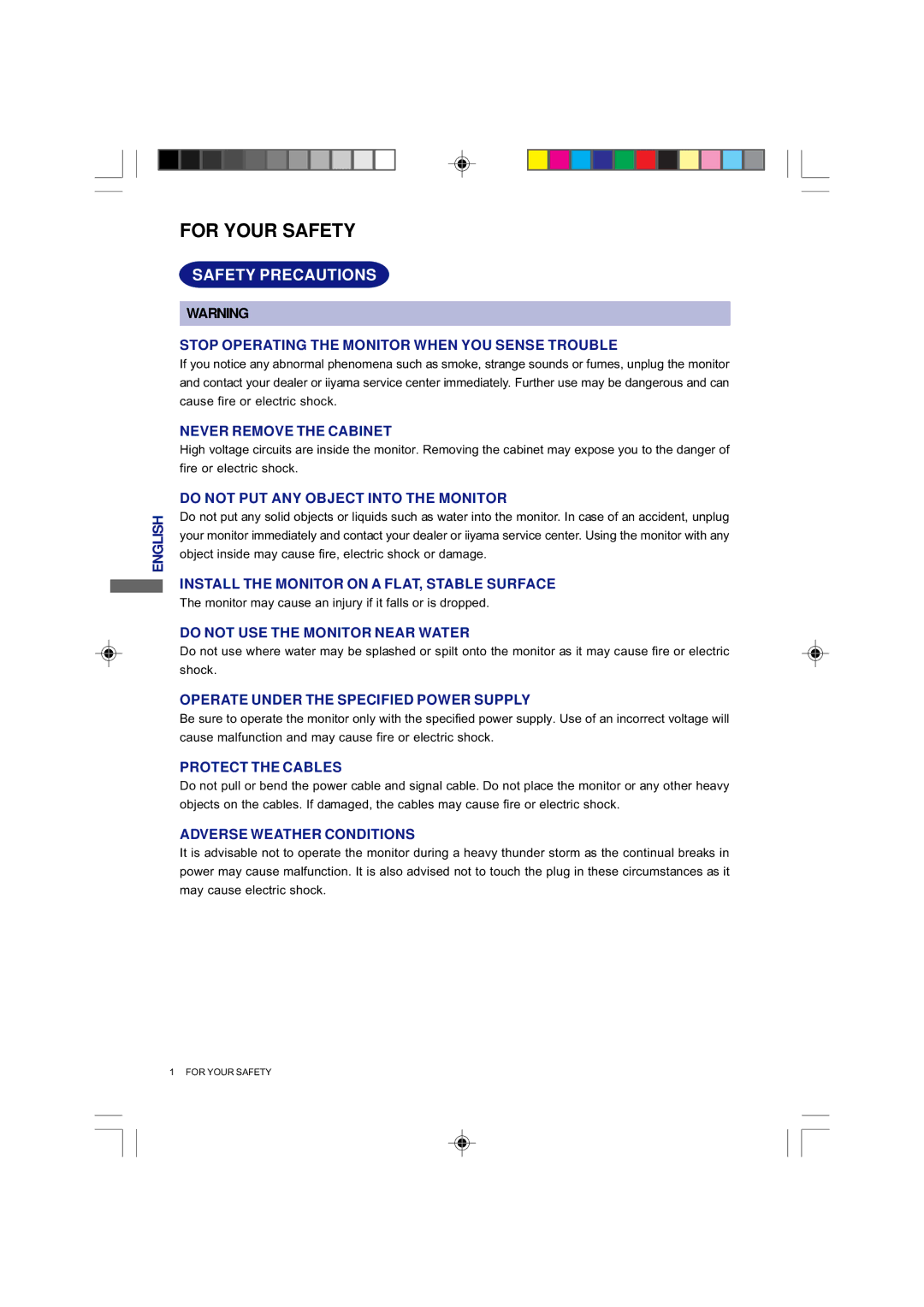 Iiyama E4835 user manual For Your Safety, Safety Precautions 