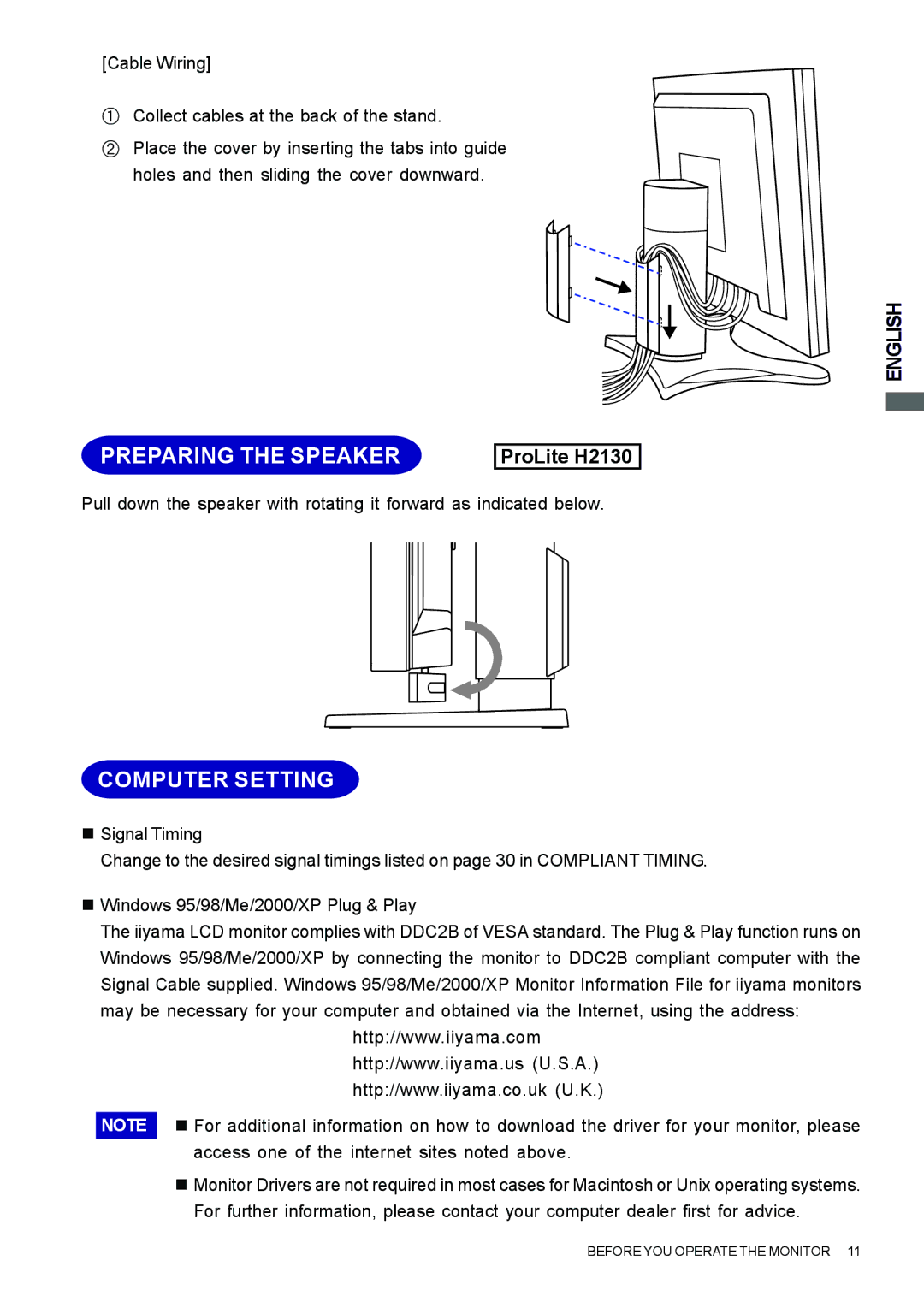 Iiyama H2010, H2130, H1900 user manual Preparing the Speaker, Computer Setting 