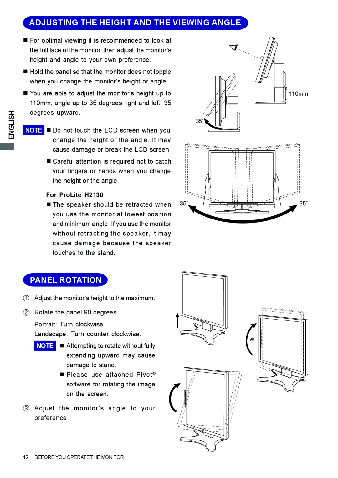 Iiyama H2130, H1900, H2010 user manual Adjusting the Height and the Viewing Angle, Panel Rotation 