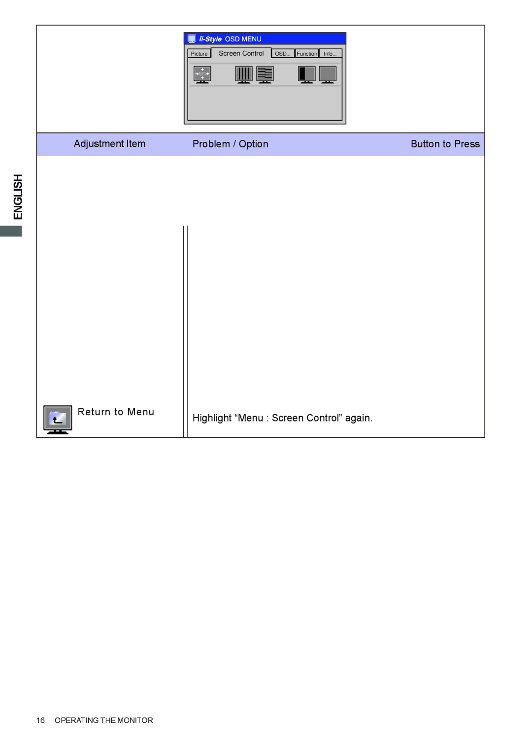 Iiyama H1900, H2130, H2010 user manual Menu Screen Control Analog, Yes 