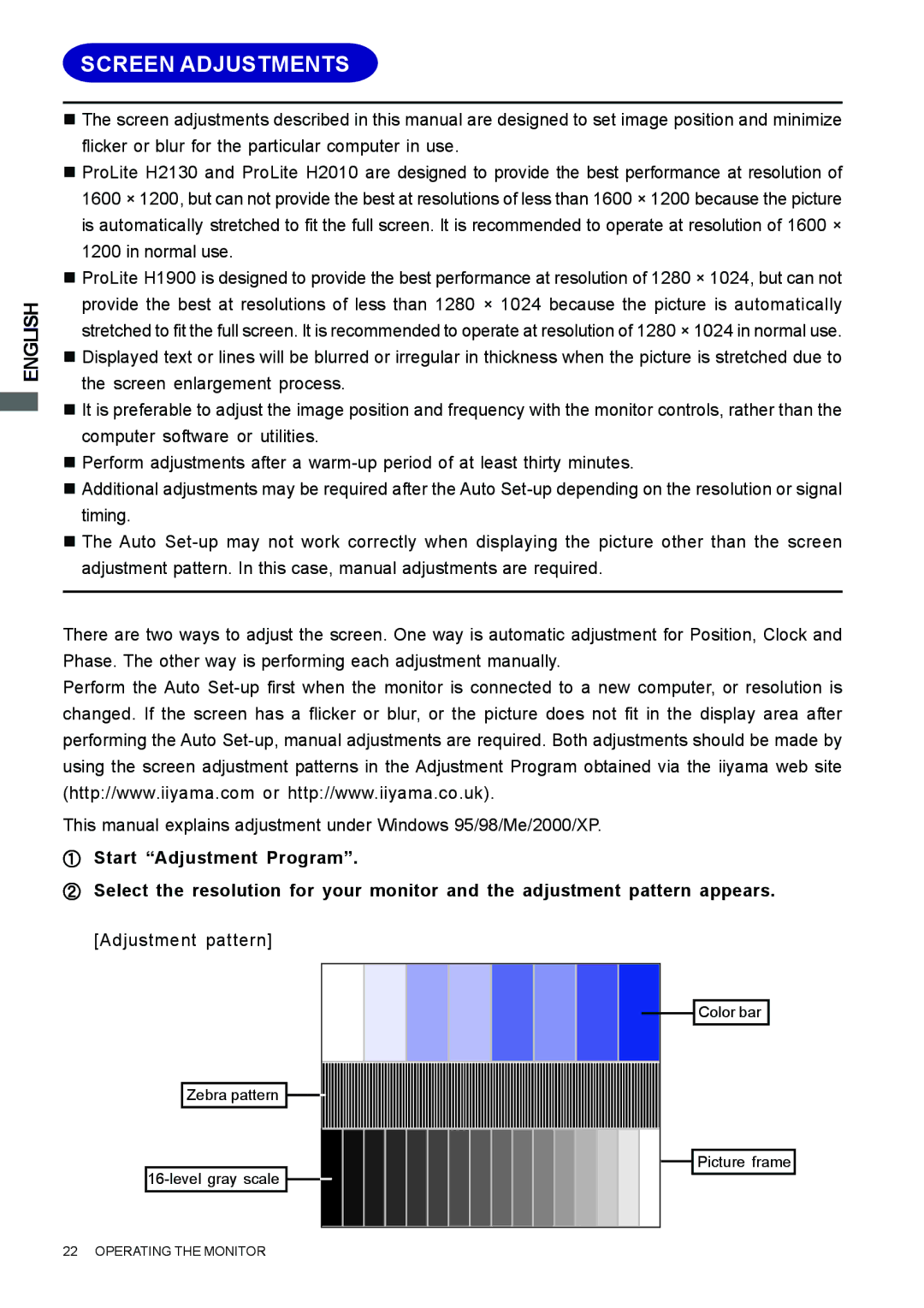 Iiyama H1900, H2130, H2010 user manual Screen Adjustments 