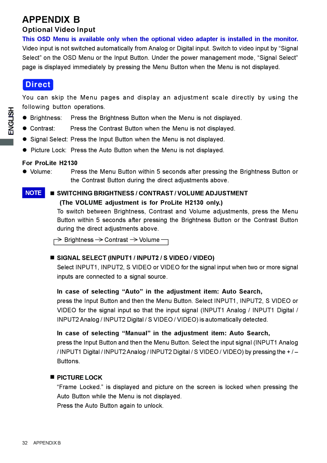 Iiyama H2010, H2130, H1900 user manual Appendix B, Optional Video Input 